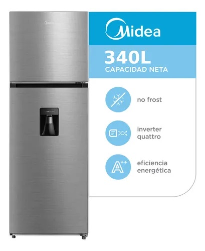 Heladera Midea Top Mount 340l Mdrt489mte46adw Inox Dispenser Acero Inoxidable