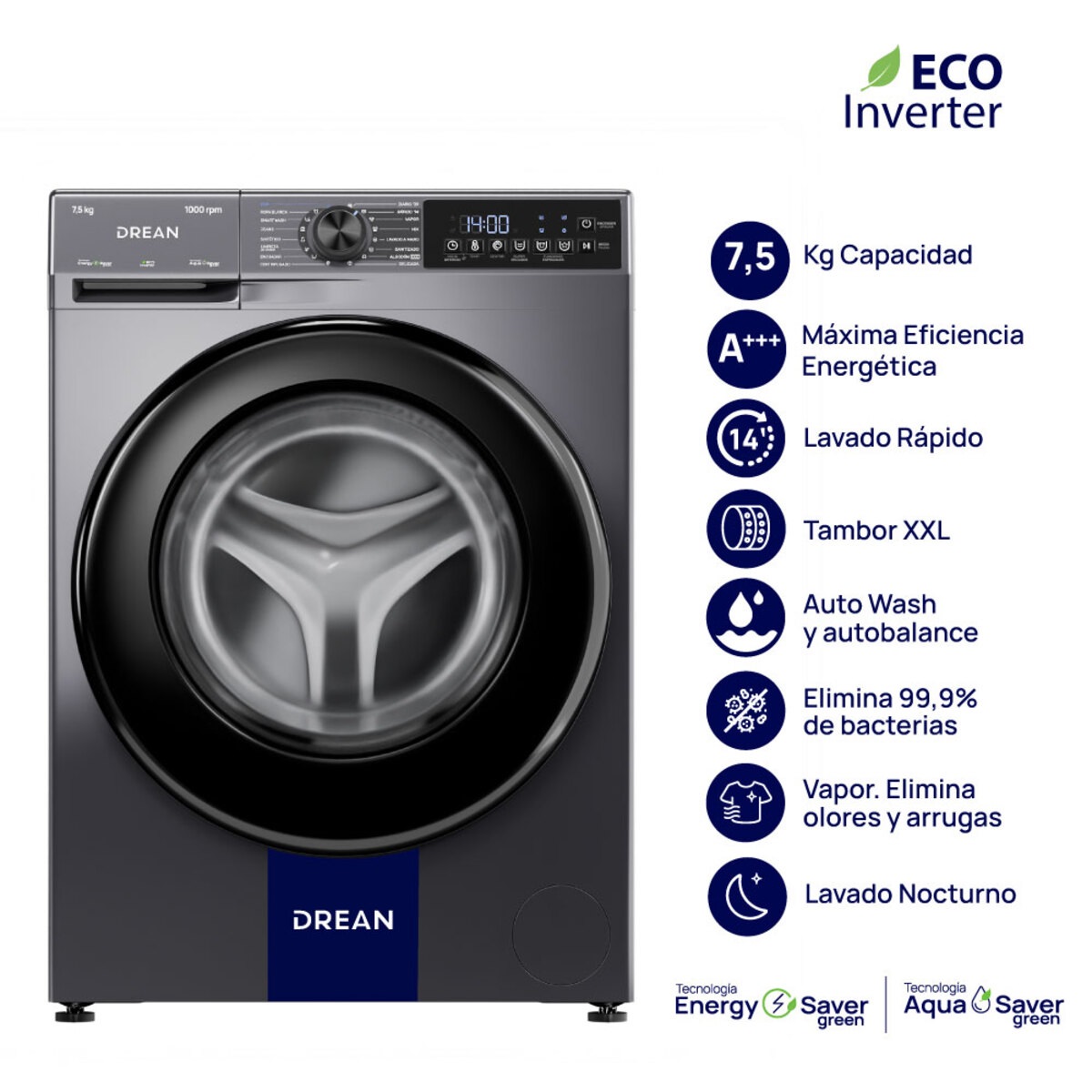 Lavarropas Carga Frontal Inverter 7,5 Kg Gris Drean - LFDR0710ISG0