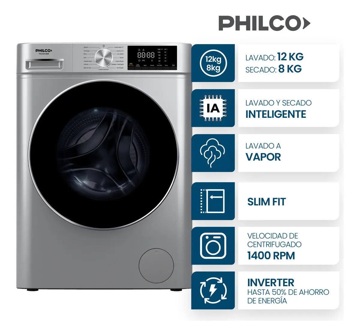 Lavasecarropas Philco Carga Frontal 12/8 Kg Inverter Color Gris Silver
