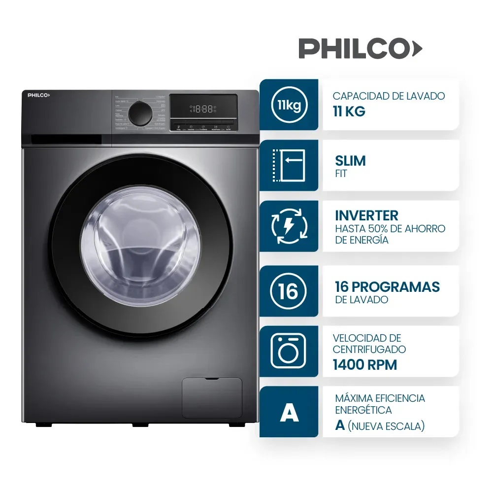 LAVARROPAS PHILCO 11KG INVERTER C/F GREY