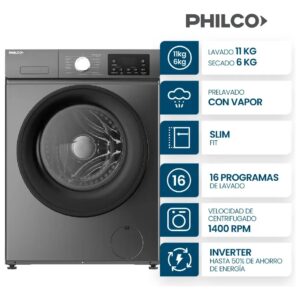 Lavasecarropas Philco 11/6 Kg Carga Frontal Inverter Gris