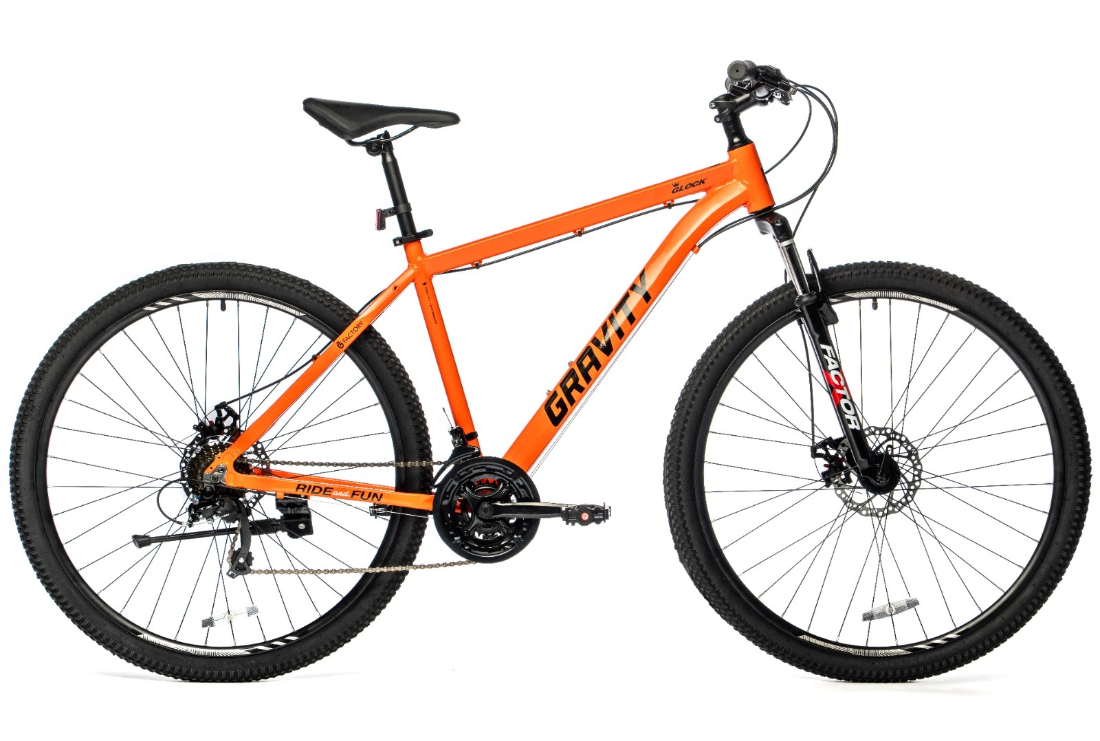 BICICLETA MTB GRAVITY GLOCK TALLE M/L R29 NARANJA Y NEGRO