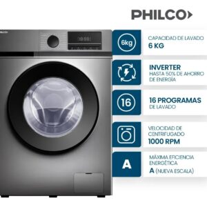 Lavarropas Automático Carga Frontal Inverter Philco 6 Kg 1000 RPM PHLF61GN