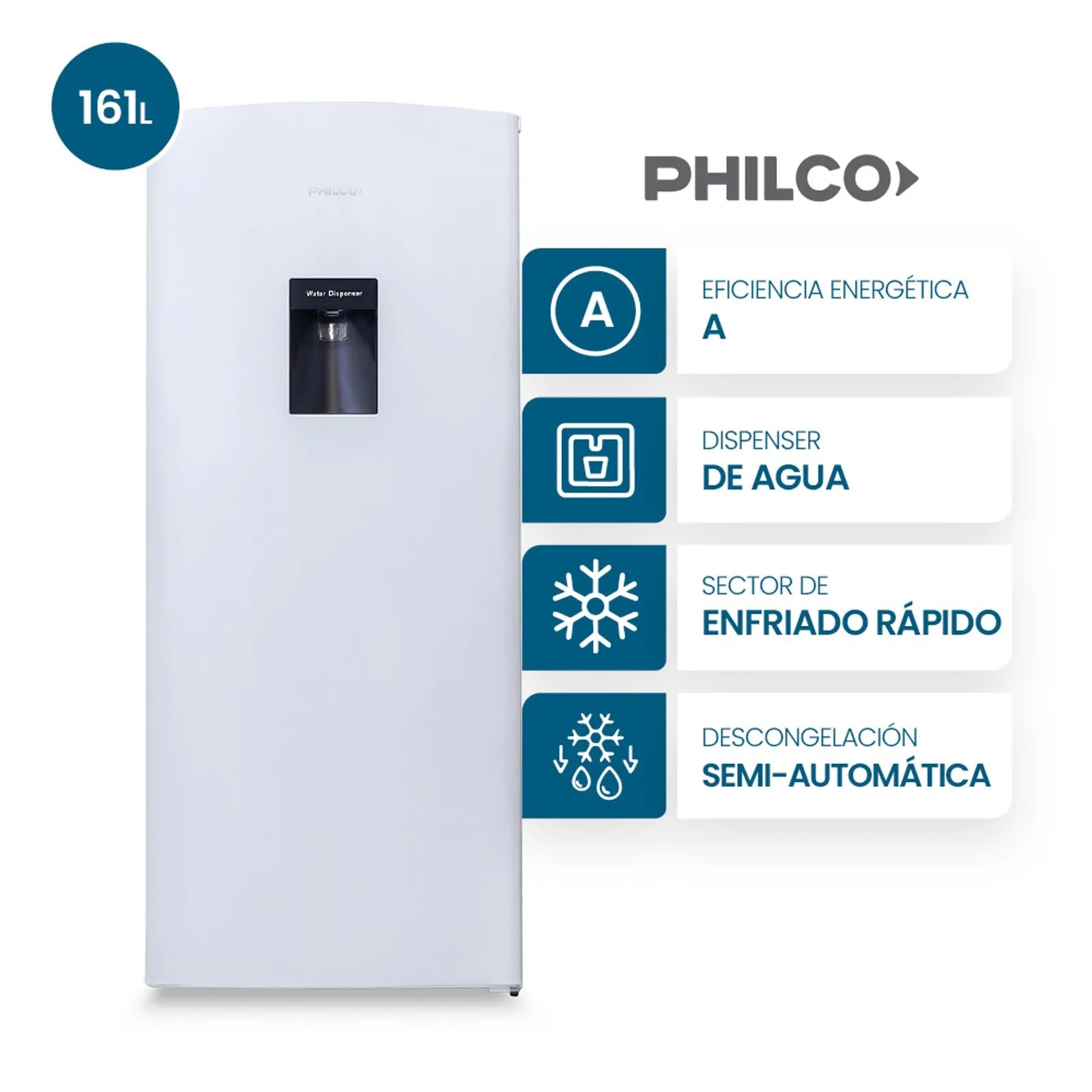 HELADERA SINGLE DOOR 161L CON DISPENSER BLANCA PHILCO