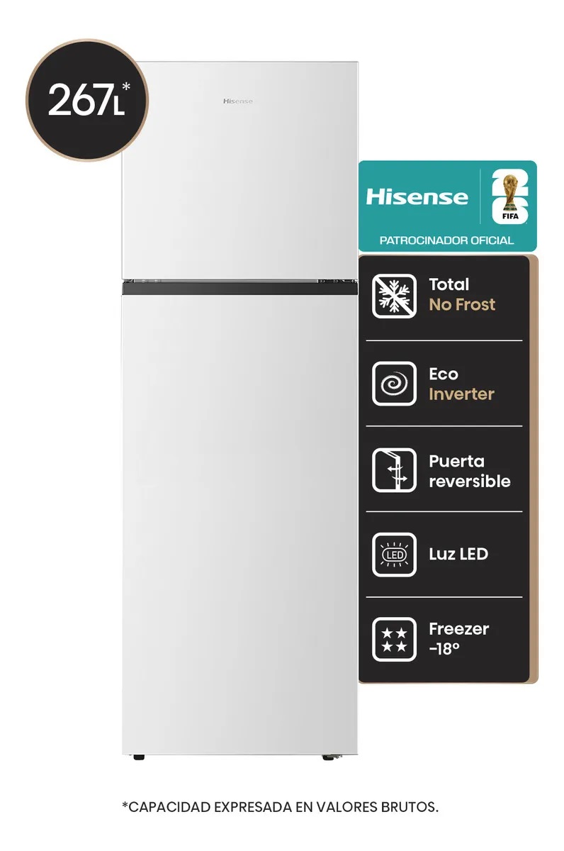 Heladera Hisense 267L Top Mount No Frost Color Blanca RT3N250NAW
