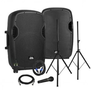 Parlante Probass Potenciado Doble 15 Usb Microfono Y Pie Color Negro